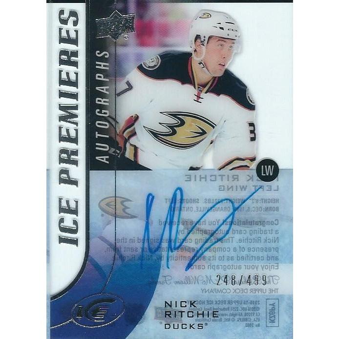 2015-16 Upper Deck Ice Nick Ritchie Ice Premieres Rookie Autograph /499 BB ANA