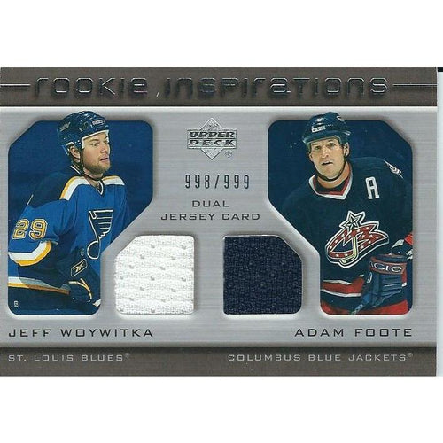 2005-06 Upper Deck Rookie Update Jeff Woywitka Adam Foote Rookie Inspirations Jersey /999 BB CLB