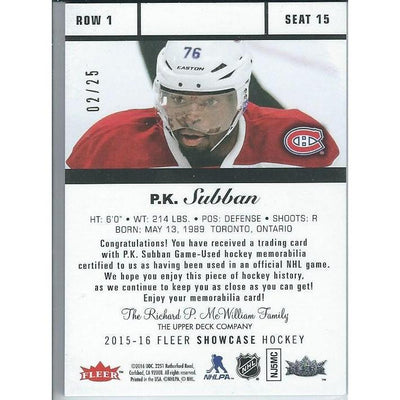 2015-16 Fleer Showcase P.K. Subban Flair Premium Materials Patch /25 MTL