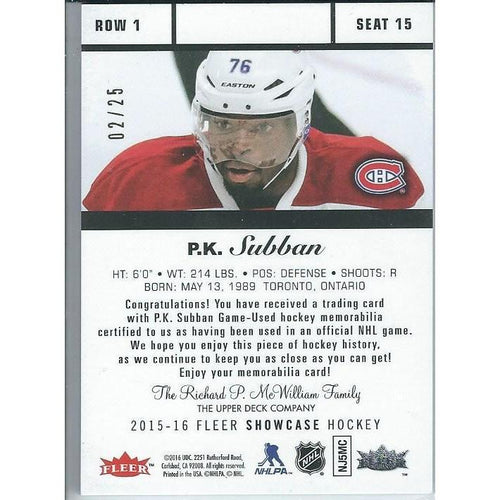 2015-16 Fleer Showcase P.K. Subban Flair Premium Materials Patch /25 MTL