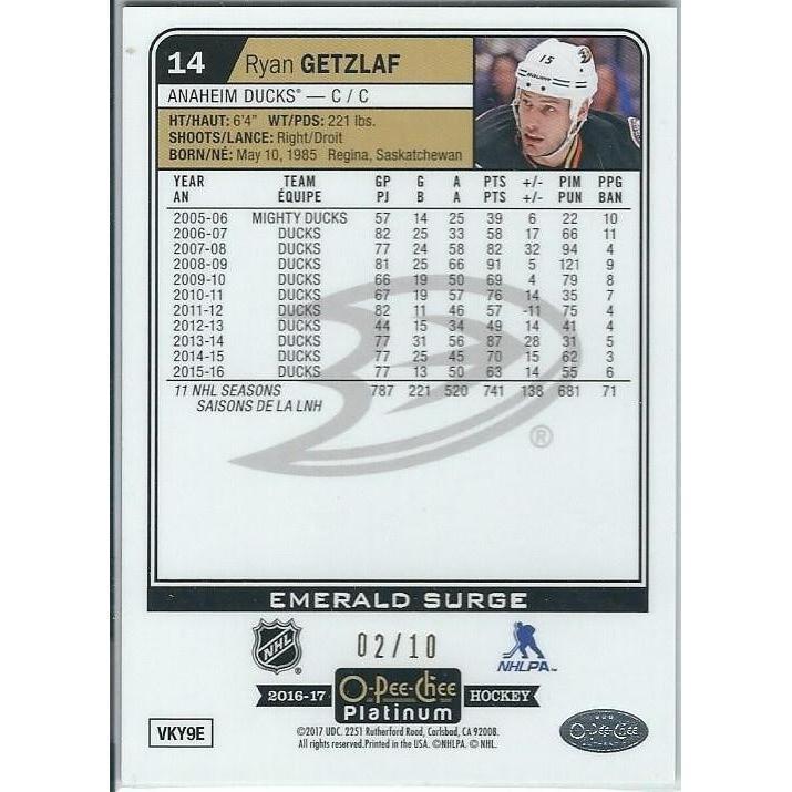 2016-17 OPC O-Pee-Chee Platinum Ryan Getzlaf Emerald Surge Green /10 ANA