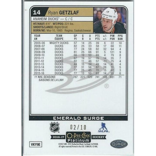2016-17 OPC O-Pee-Chee Platinum Ryan Getzlaf Emerald Surge Green /10 ANA