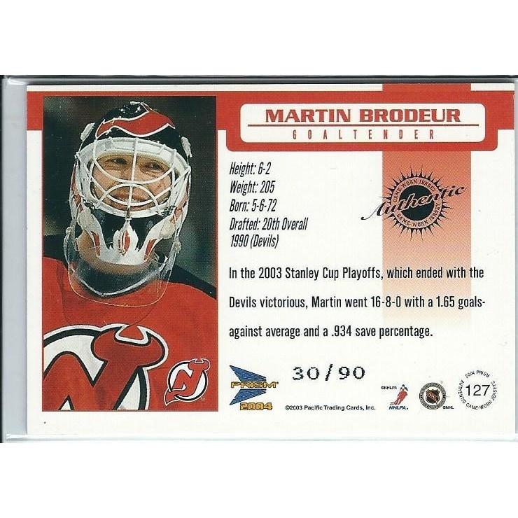 2003-04 Pacific Prizm Martin Brodeur Game Jersey Blue 30/90 Jersey # NJD