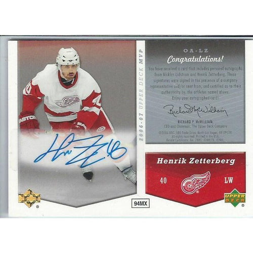 2006-07 Upper Deck MVP Nicklas Lidstrom / Henrik Zetterberg One on One Dual Autograph SSP DET