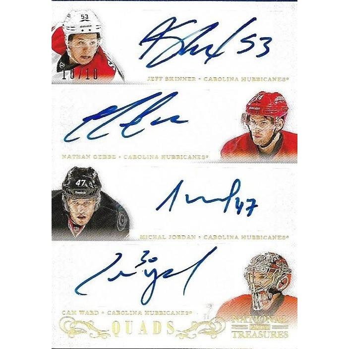 2013-14 Panini National Treasures Jeff Skinner / Nathan Gerbe / Michal Jordan / Cam Ward Quad Autograph Gold /10 CAR