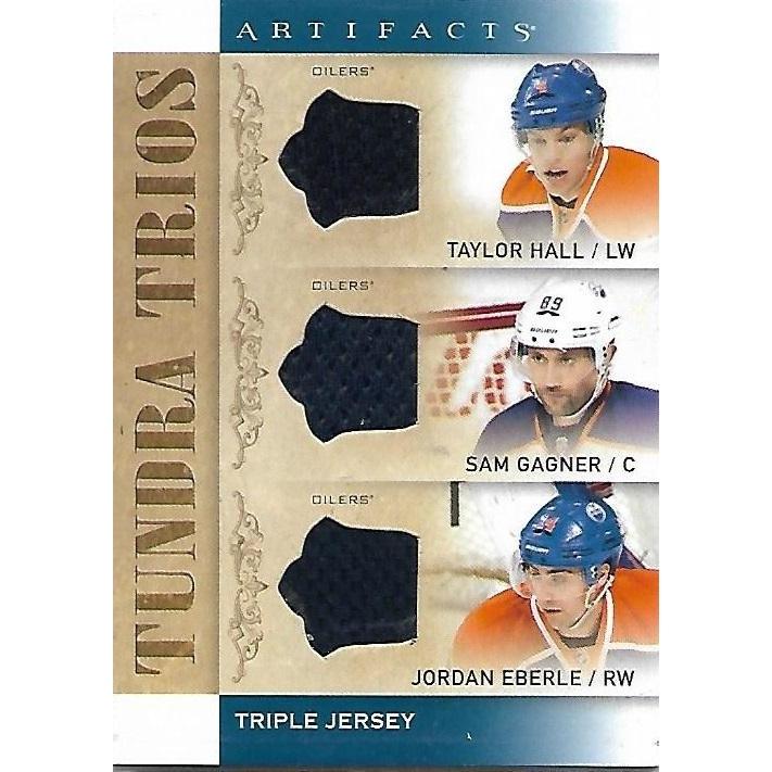 2014-15 Upper Deck Artifacts Taylor Hall Sam Gagner Jordan Eberle Tundra Trios Jersey EDM