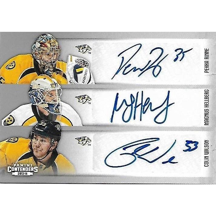 2013-14 Panini Contenders Pekka Rinne Magnus Hellberg Colin Wilson Mike Fisher Chet Pickard Joonas Rask NSH