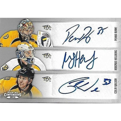 2013-14 Panini Contenders Pekka Rinne Magnus Hellberg Colin Wilson Mike Fisher Chet Pickard Joonas Rask NSH