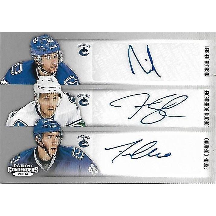 2013-14 Panini Contenders Nicklas Jensen Jordan Schroeder Frank Corrado Mark Arcobello Tyler Pitlick Viktor Fasth Rookie Autograph Sixes