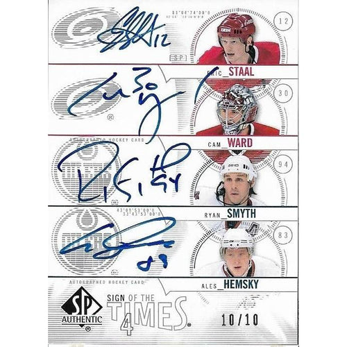 2004-05 SP Authentic Eric Staal / Cam Ward / Ryan Smyth / Ales Hemsky Sign of the Times Quad Autograph 10/10 EDM CAR
