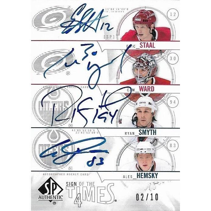 2004-05 SP Authentic Eric Staal / Cam Ward / Ryan Smyth / Ales Hemsky Sign of the Times Quad Autograph 02/10 EDM CAR