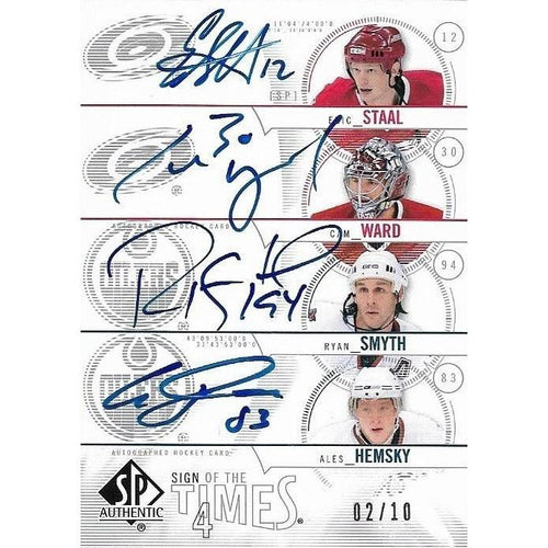 2004-05 SP Authentic Eric Staal / Cam Ward / Ryan Smyth / Ales Hemsky Sign of the Times Quad Autograph 02/10 EDM CAR