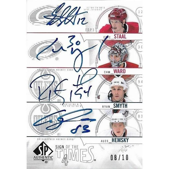 2004-05 SP Authentic Eric Staal / Cam Ward / Ryan Smyth / Ales Hemsky Sign of the Times Quad Autograph 08/10 EDM CAR